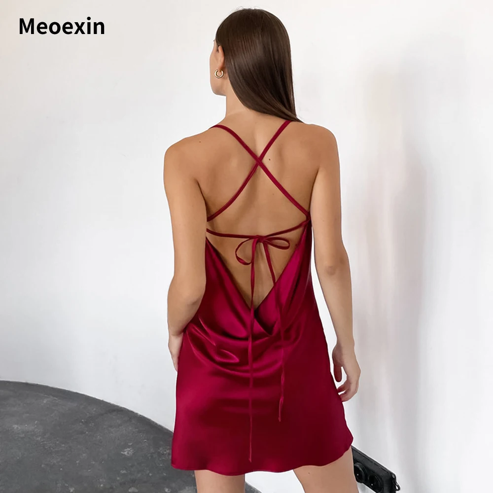 

Meoexin Summer New Solid Color Thin Comfortable Pajamas Sexy Dew Ice Silk Suspended Sleepwear Fashion Satin Mini Skirt Home Fur