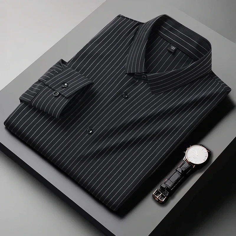 

Men Shirt Striped Elasticity Oversize 6XL 7XL 8XL 10XL Plus Size Long Sleeve Formal Traceless Black Black Designer High Quality