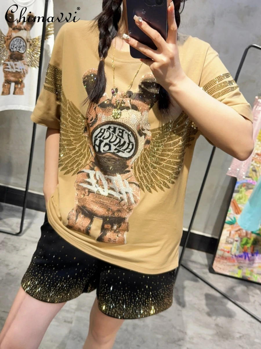 

Fashion Rabbit T-shirt Hot Rhinestone Big Wings Spring/Summer Khaki Round Neck Casual Short Sleeve Streetwear Tshirts Top Women