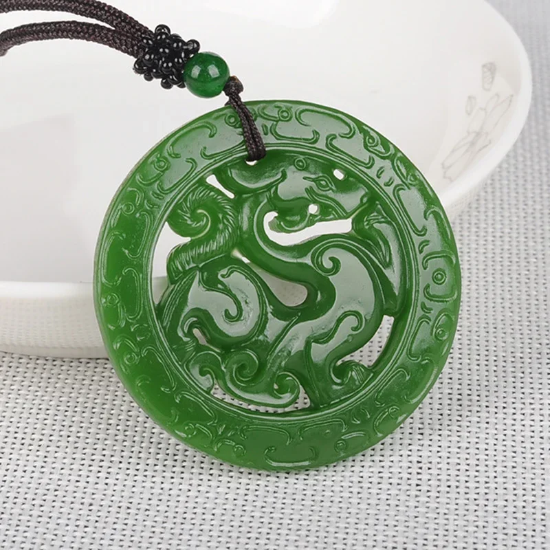 

Chinese Xinjiang Green Jade Double Side Hollow Dragon Pendant Hand Carving Necklace Fashion Amulet Luck Gifts Men Sweater Chain