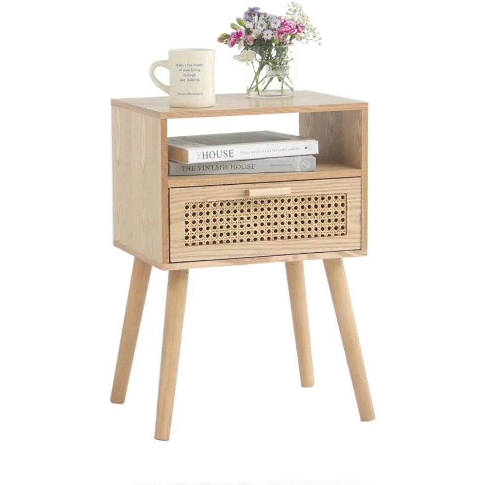 

MaxSmeo Nightstand Rattan Side End Table, for Living Room, Bedroom, Accent Bedside Farmhouse Tables with Solid Wood Legs