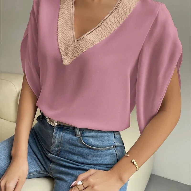 Summer V-neck Lace Solid Tops Temperament Short Sleeved Chiffon Shirt For Women Blusas De Mujer Blouse Femeninas 2023 Elegantes
Summer V-neck Lace Solid Tops Temperament Short Sleeved Chiffon Shirt For Women Blusas De Mujer Blouse Femeninas 2023 Elegantes