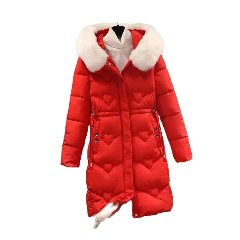 

Overcoat Parka Medium Long Down Cotton Jacket Women 2022 Winter Wool Collar Loose Hooded Cotton Coat Thickened Keep Warm Top