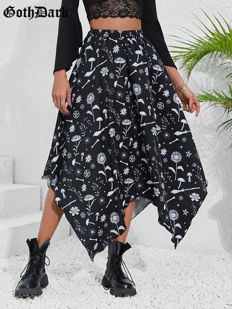 

Goth Dark Casual Handkerchief Hem Printed Skirts Fairy Grunge Aesthetic Black Emo Long Skirt Female High Waist A-line Streetwear