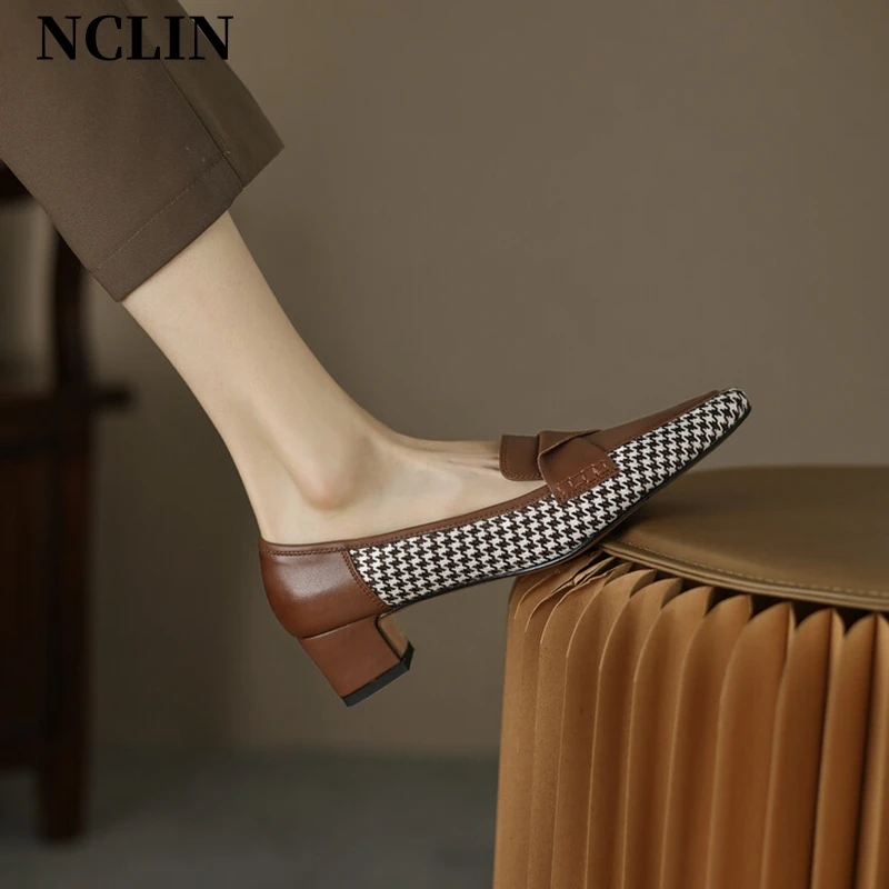 

New Spring Womens Shoes Split Leather Women Loafers Lattice Pointed Toe Chunky Heel Shoes Women Casual Retro Pleated Women Pumps