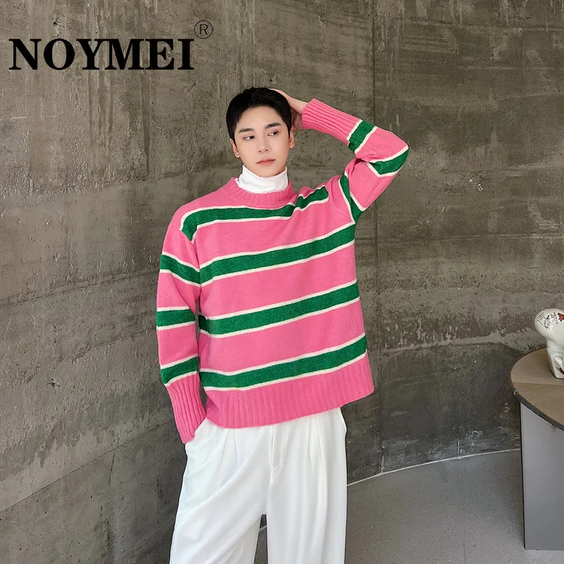 

NOYMEI Pink Stripe Pullover Autumn Knitted Sweater Trend Lazy Casual Round Neck Long Sleeve Fashionable Korean 2024 Top WA2947