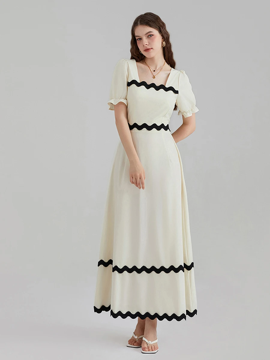 

Womens Summer Dress Square Neck Short Puff Sleeve Casual Long Dress Ric Rac Tie Back Smocked A-Line Flowy Maxi Dress