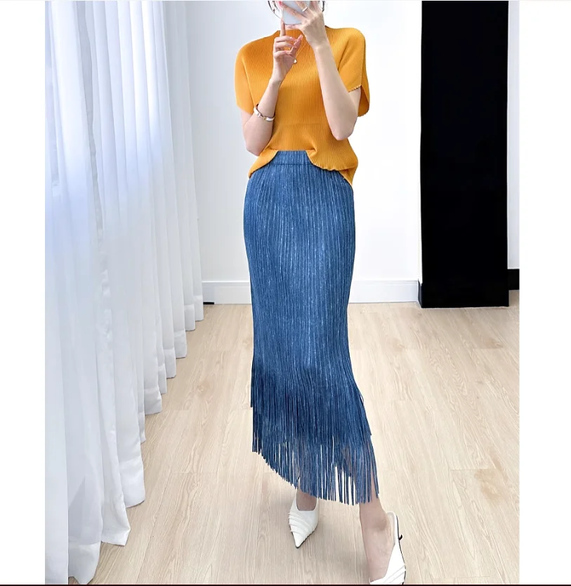 

HOT SELLING Miyake fold fashion solid Letters straight Nimble fringe blue skirt IN STOCK