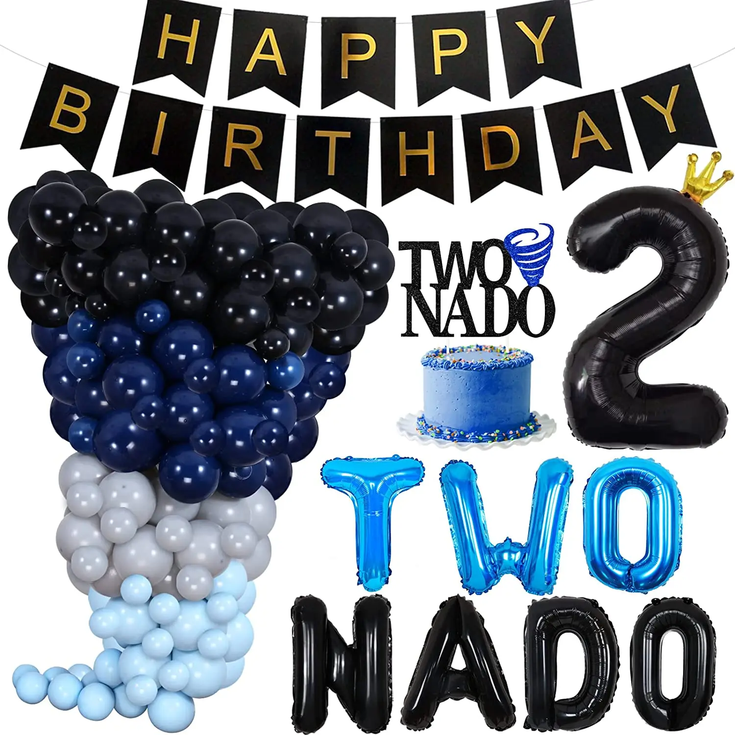 

Tornado 2nd Birthday Party Decorations for Boys Kids Supplies with TWO NADO Balloons Banner Cake Toppers for 2 Years Old Party