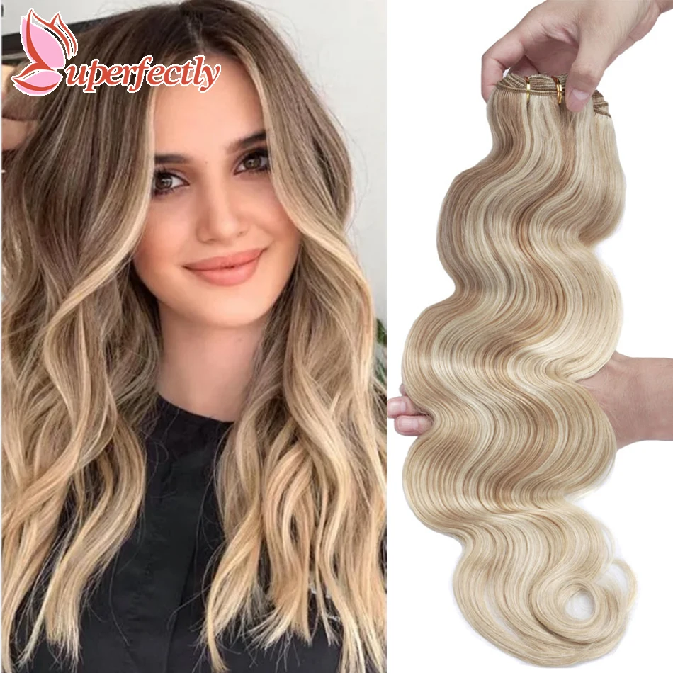 

Human Hair Weft Remy Hair Bundles Highlight Blonde Sew In Silky Body Wave Skin Double Weft For Salon Hair Extensions12-26Inch
