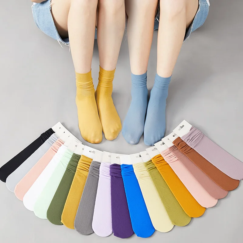 

1 Pair Summer Ice Socks For Women Students Candy Color Elastic Crimped Middle Tube Pile Socks Girls Solid Thin Stockings New