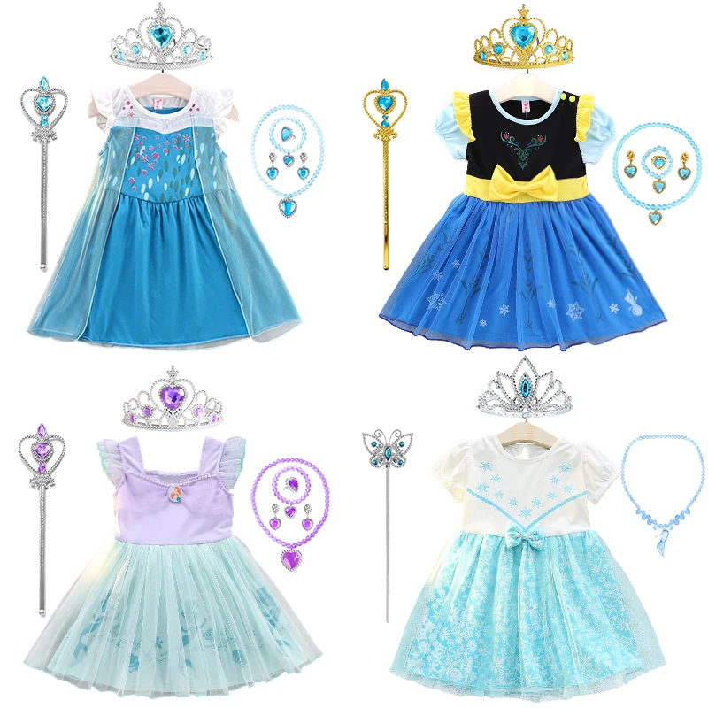 

Новое платье принцессы для маленьких девочек Снежная королева Эльза Анна 100% хлопок Повседневная мультяшная детская одежда костюм русалки для девочек на Хэллоуин