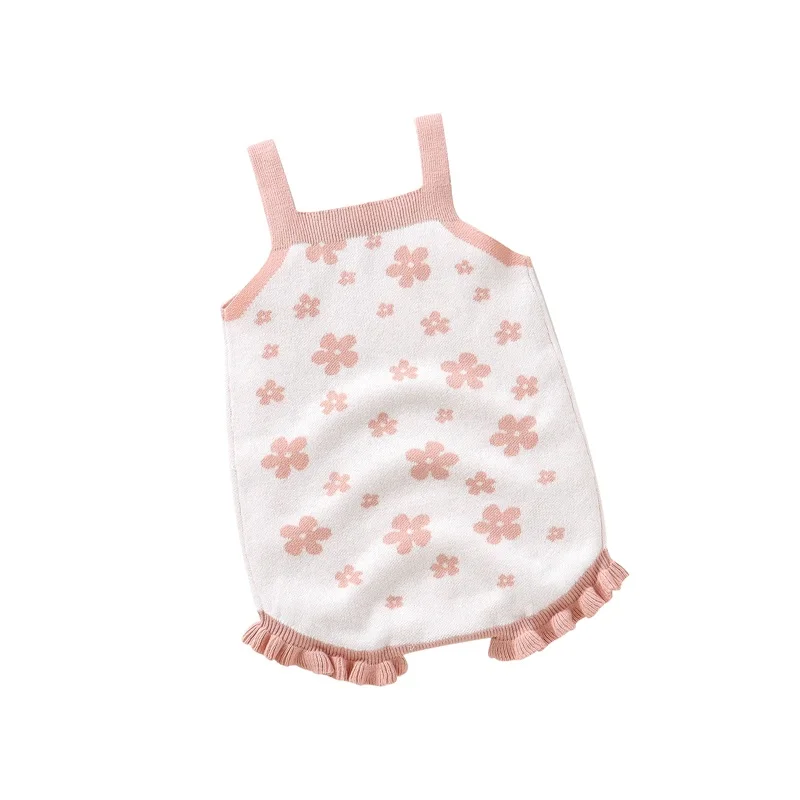 

Baby Girls Spring Summer Knit Sling Romper Sleeveless Ruffle Trim Floral Playsuit