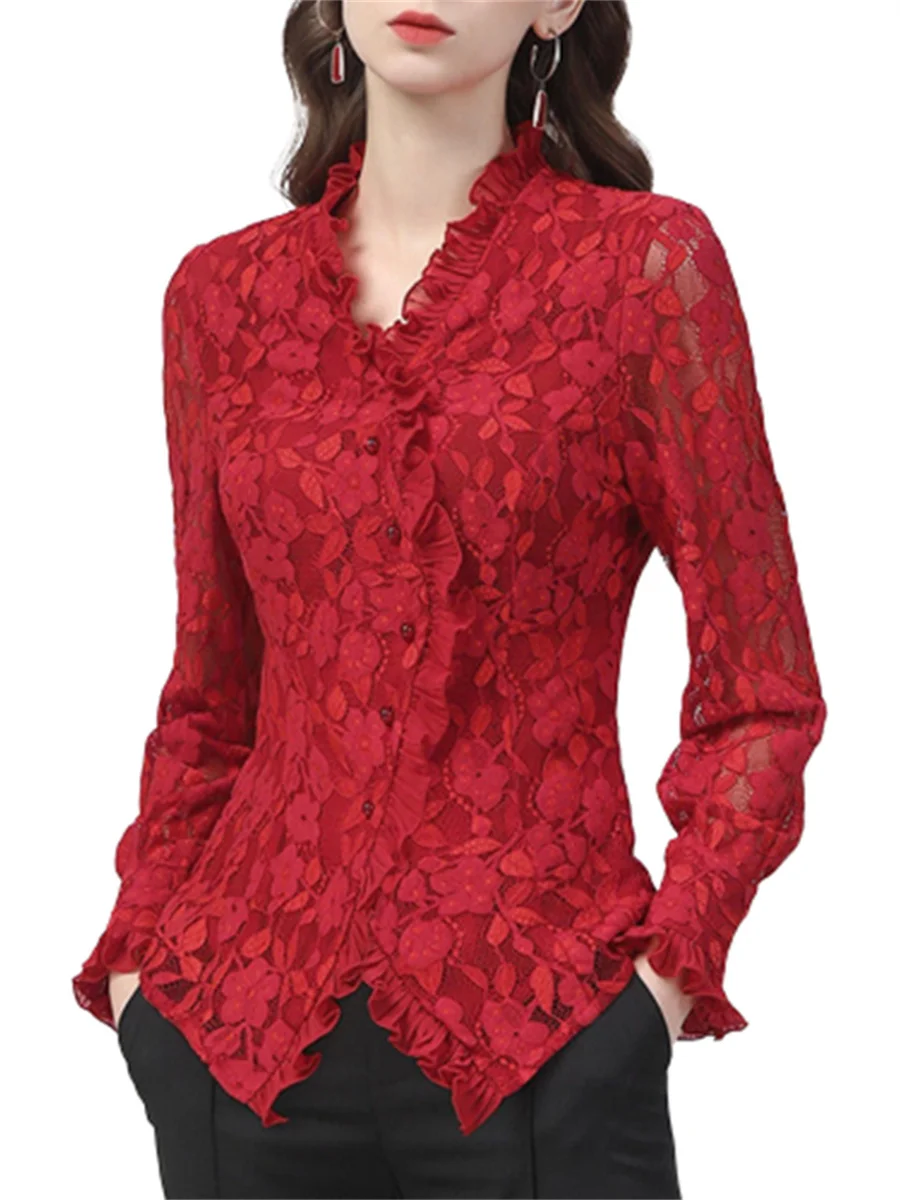 Women Spring Summer Style Blouses Tops Lady Fashion Long Sleeve V-Neck Button Sexy Lace Hollow Red Black Blouse Tops WY0246 
Women Spring Summer Style Blouses Tops Lady Fashion Long Sleeve V-Neck Button Sexy Lace Hollow Red Black Blouse Tops WY0246