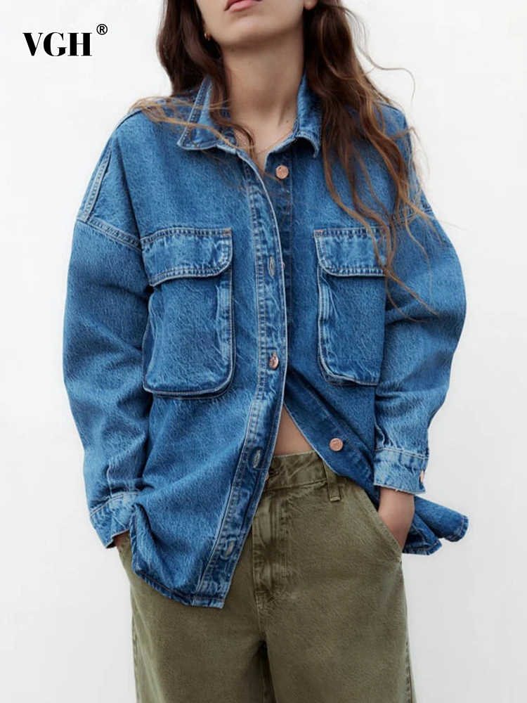 VGH Patchwork Pockets Casual Denim Blouses For Women Lapel Long Sleeve Spliced Single Breasted Loose Streetwear Shirts Female
VGH Patchwork Pockets Casual Denim Blouses For Women Lapel Long Sleeve Spliced Single Breasted Loose Streetwear Shirts Female