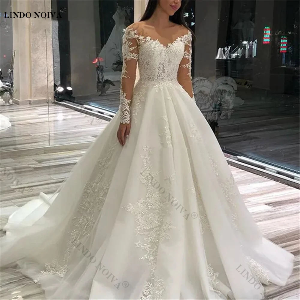 

Женское свадебное платье принцессы LINDO NOIVA, кружевной корсет с открытыми плечами и аппликацией для невесты, со шнуровкой на спине, 2023