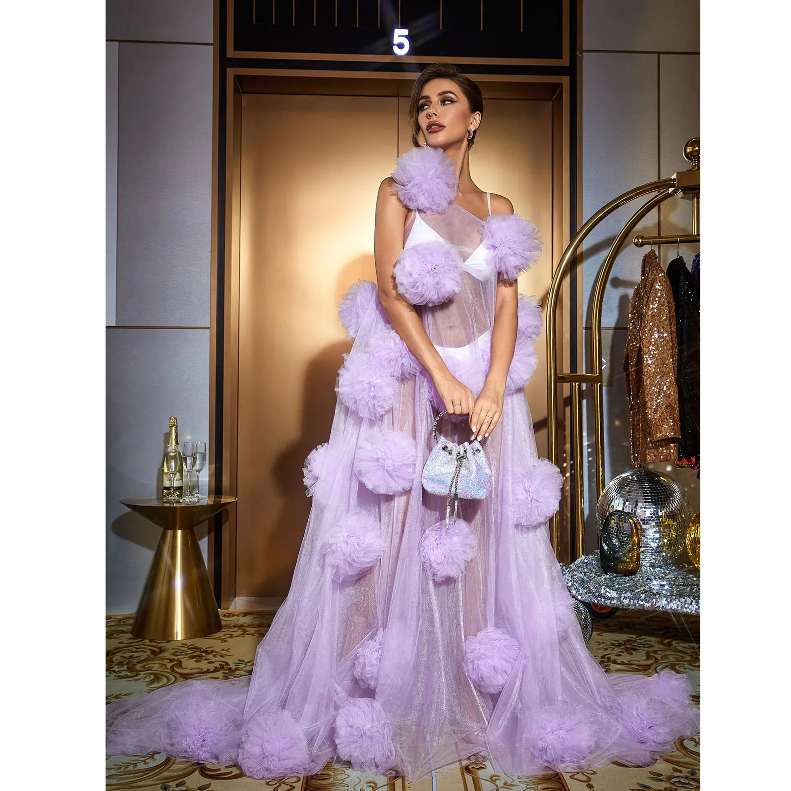 

Sexy Illusion Lavender 3D Flower Long Women Tulle Dresses One Shoulder Floral A-line Tutu Tulle Maxi Dress Bridal Tutu Robe