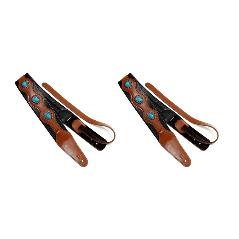 

2X Guitar Strap Ethnic Style Leather Adjustable Acoustic Electric Bass Strap Guitar Belt Guitar Parts Accessories Brown