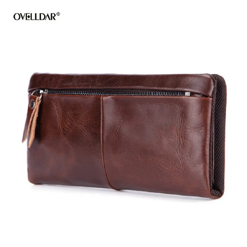 

New Men's Long Handbag Business Vintage Cow Leather Man Wallet Brand Long Wallet For Man Casual Handhold Bag Male Purse