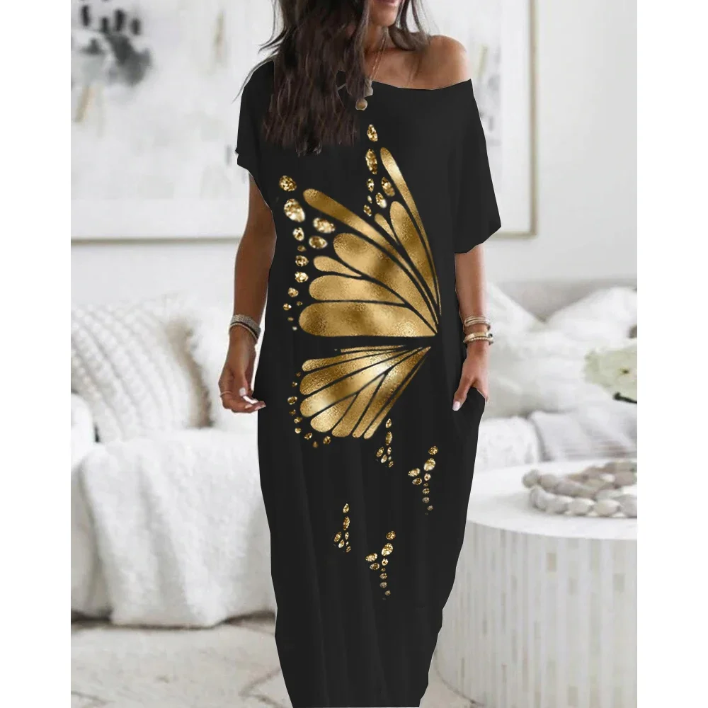 

Women Metallic Butterfly Pattern Pocket Detail Casual Homewear Maxi Long Dress Casual Loose Short Sleeve Women Clothes