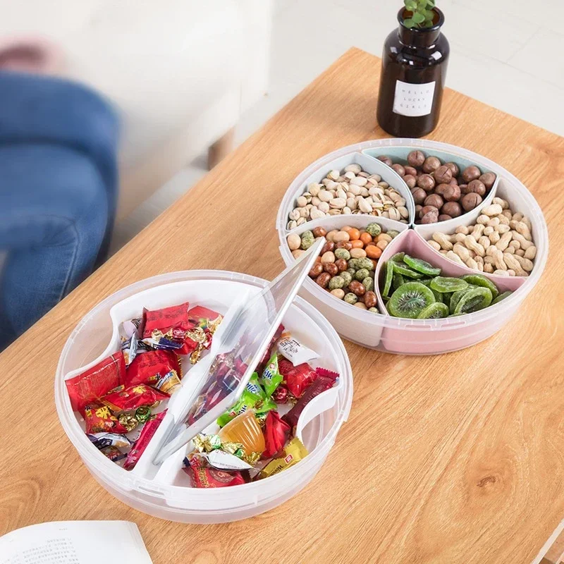 

5-compartment Food Storage Box Candy Round Tray Snacks Dried Fruit Box with Lid and Compartments Removable Plate Household Items