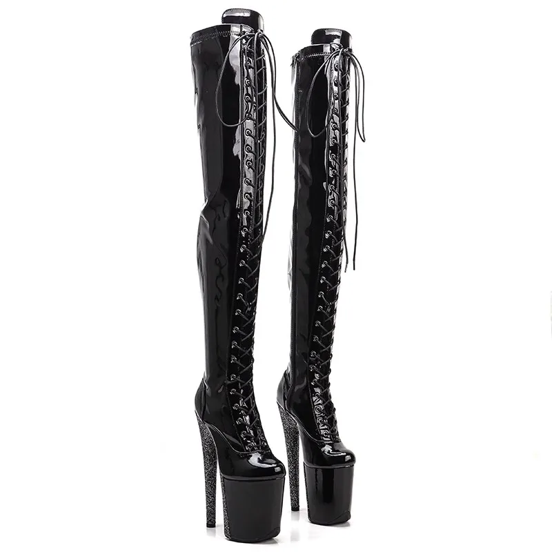 

Sexy Model Shows PU Upper 20CM/8Inch Women's Platform Party High Heels Thigh High Shoes Pole Dance Boots 456