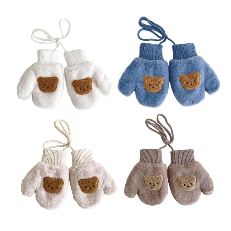 

Baby Mittens Anti-skid Winter Warm Gloves Cartoon Bear Thick Mitten with Rope for Boys Girls Children Toddler(1-4Years)