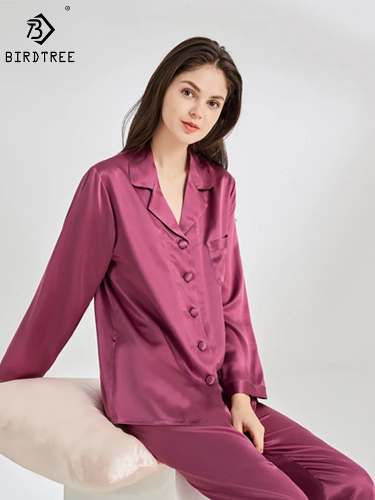 

Birdtree 22MM 100%Mulberry Silk Pajama Set Women Solid Long Sleeve Pants Home Clothing Elegant Loungewear 2024 Spring P3D9115QM