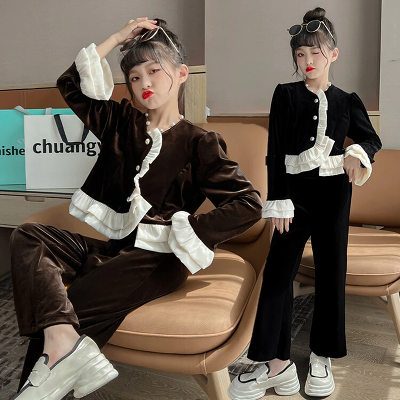 Spring Autumn Girls Velvet Suits Clothing Sets Kids Ruffle Jackets Tops Pants 2pcs Fashion Formal Teenage Princess Outfits 4-14Y
Spring Autumn Girls Velvet Suits Clothing Sets Kids Ruffle Jackets Tops Pants 2pcs Fashion Formal Teenage Princess Outfits 4-14Y