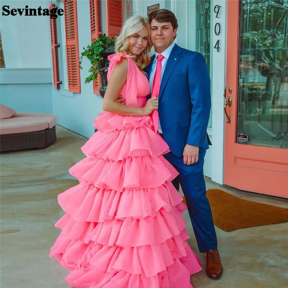 

Sevintage Hearty Pink Deep V-Neck Prom Dress A-Line Pleated Tiered Ruched Floor Length Homecoming Dress vestidos de graduación