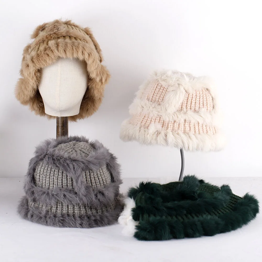 

women's winter hat 2023 fur Bucket hat winter accessories Warm wool hat maillard Knitted hat Fluffy and soft Multicolored hat