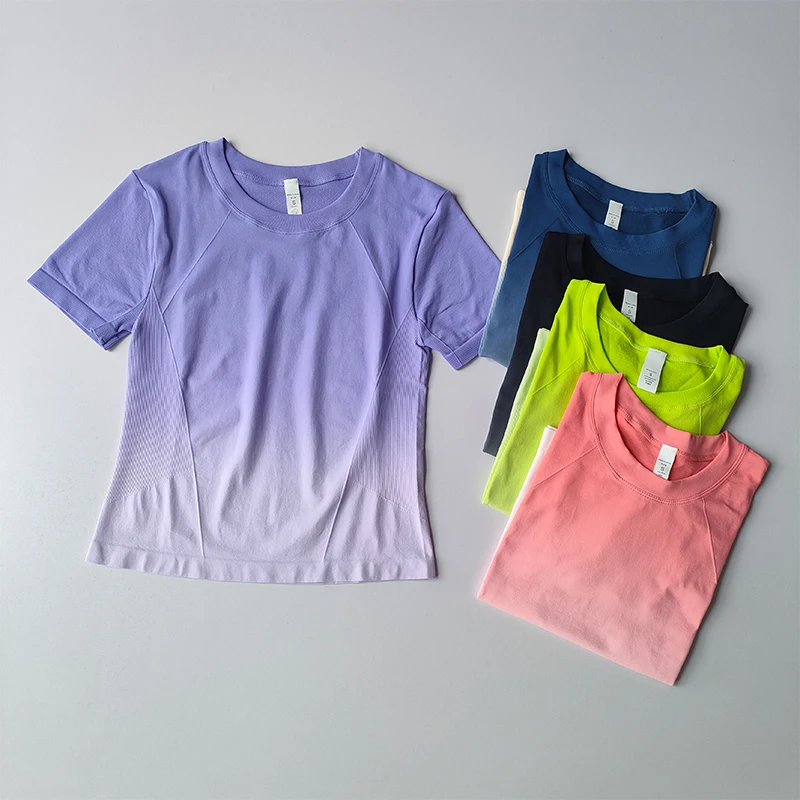 

Женская бесшовная рубашка для йоги, укороченный топ с коротким рукавом для фитнеса, топы для тренировок, одежда для тренажерного зала, женские спортивные футболки с градиентом для бега