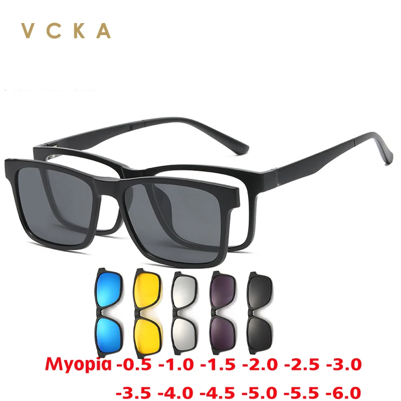 

VCKA 6 In 1 Polarized Myopia Sunglasses Men Women Magnetic Clip On Glasses TR90 Optical Prescription Eyeglass Frames -0.5 to-10