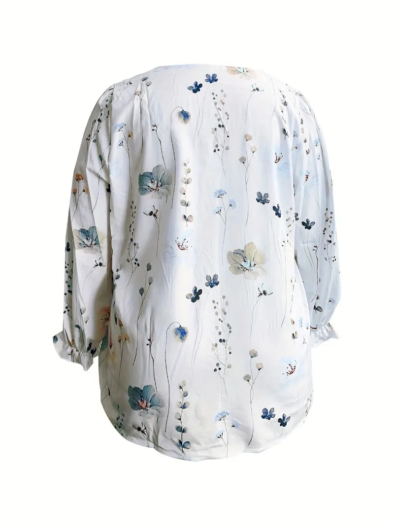 Plus Size 1XL-5XL Women's Floral Print Top Long Sleeved Hollow Out Casual Shirt V-neck Fashionable Shirt Plus Size 1XL-5XL Women's Floral Print Top Long Sleeved Hollow Out Casual Shirt V-neck Fashionable Shirt