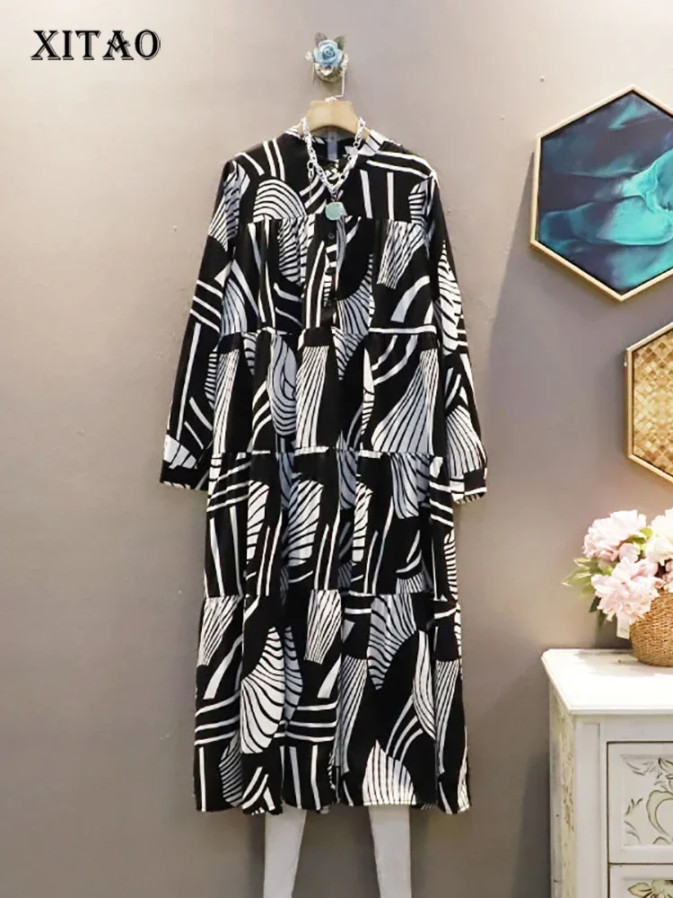 

XITAO Irregular Print Dress Spring New Fashion Casual Loose Large Size Long Sleeve Splicing Contrast Color Women WMD2816