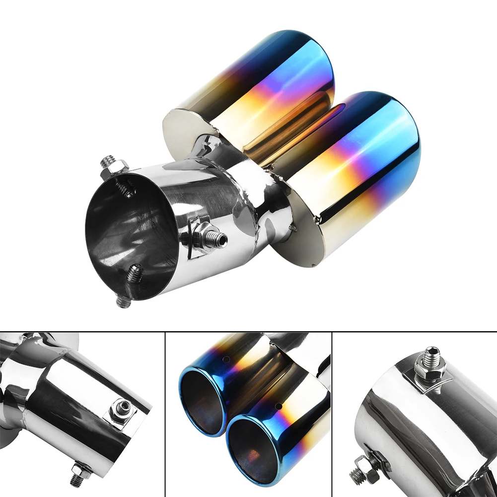 

1x Universal Stainless Steel Car Rear Dual Exhaust Pipe Tail Muffler Tip Throat Bright Silver+Blue Tailpipe No-fading No-rust