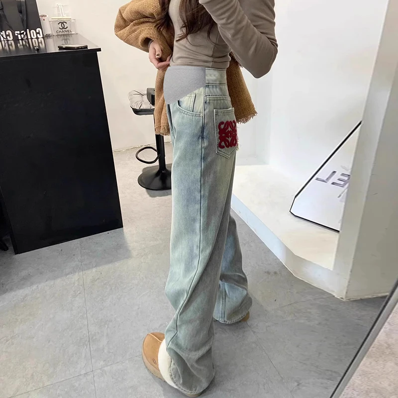 

Washed Distressed Denim Maternity Baggy Jeans Retro Old Brushed Loose Pants for Pregnant Women Chic Pregnancy Straight Trousers