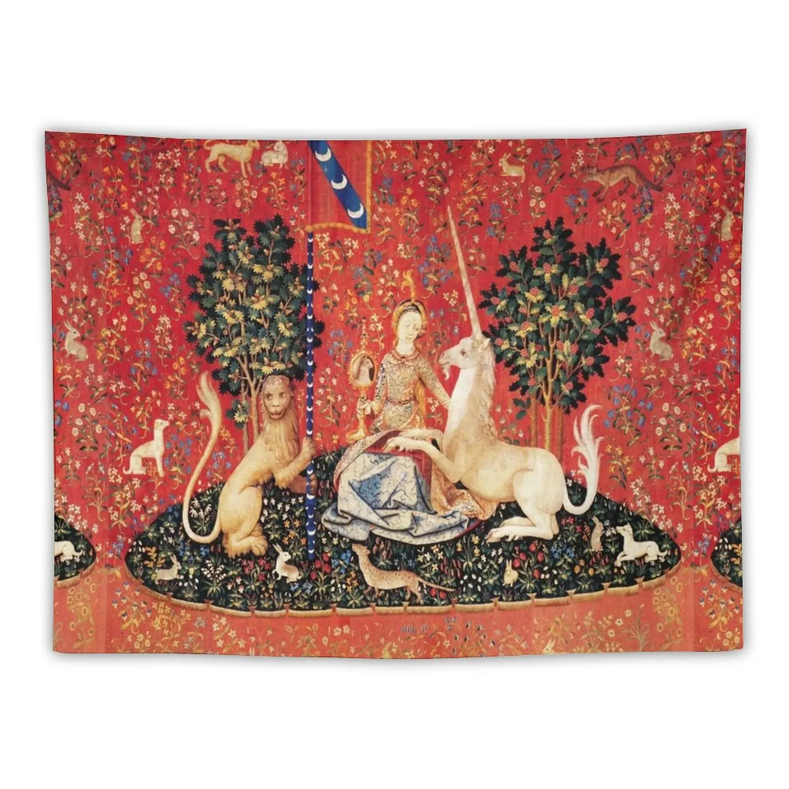 

LADY AND UNICORN ,SIGHTRed Green Fantasy Flowers,Animals Tapestry Aesthetic Room Decorations Room Decor Aesthetic
