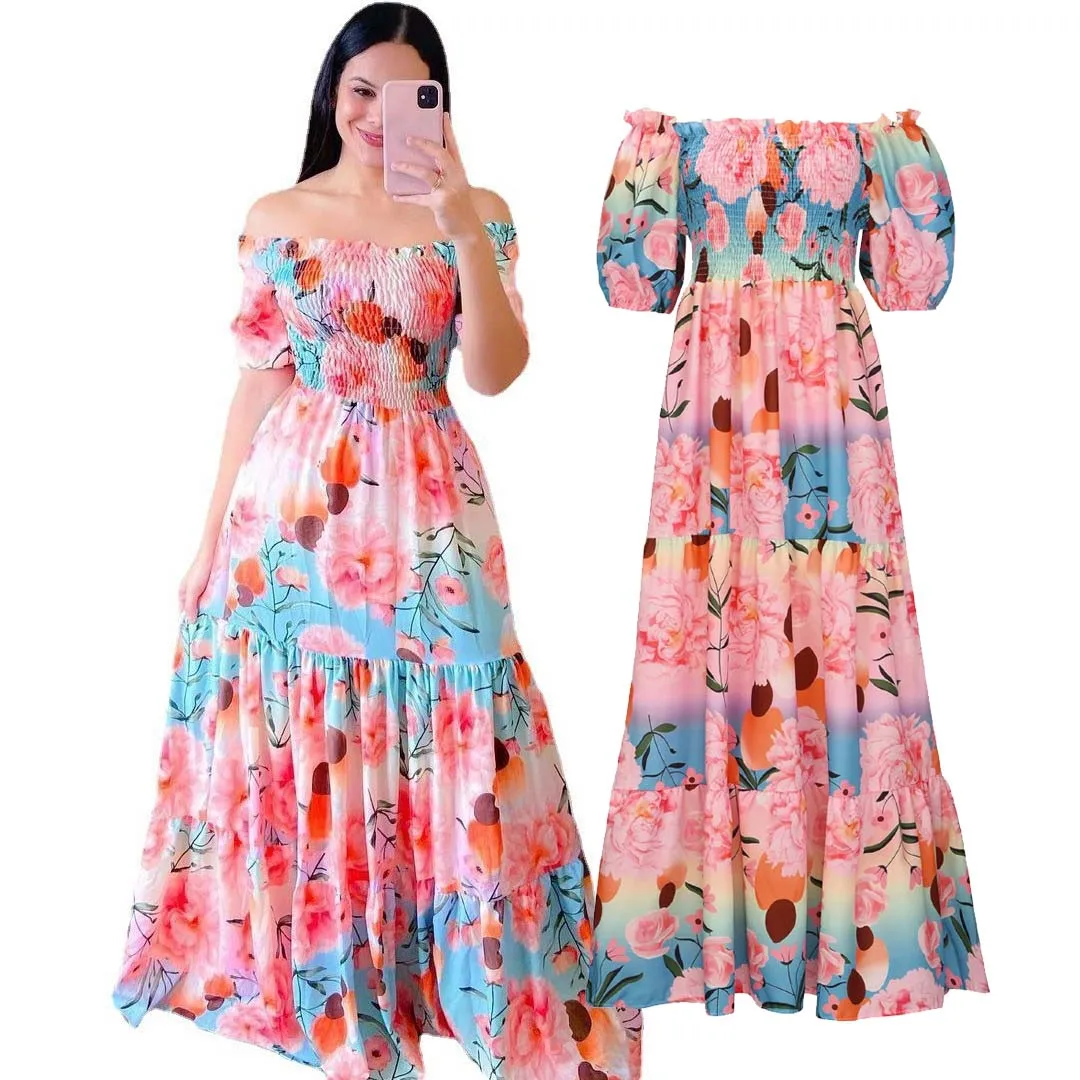 

Off Shoulder Puff Sleeve Floral Print Women Smocked Maxi Bohemian Dress