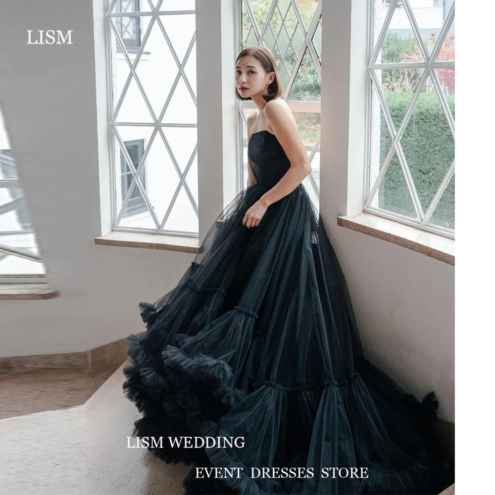 

LISM Black A Line Strapless Tulle Korea Evening Dresses Photoshoot Tiered Sweep Train Prom Gowns Wedding Party Dress Princess