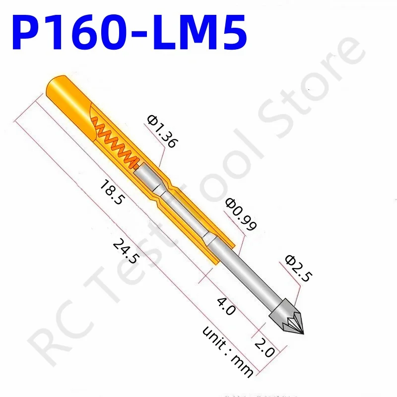 

100PCS P160-LM5 Spring Test Probe Brass Tube Spring Test Pin 23.5mm Needle Dia 1.36mm Pogo Pin P160-LM Head Dia 2.5mm Test Tool