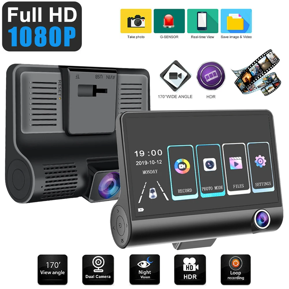 1080P Dash Cam 3 Channel Front Inside Rear Camera Recorder 4" Touch Screen Night Vision Loop Recording G-Sensor Parking Monitor
1080P Dash Cam 3 Channel Front Inside Rear Camera Recorder 4" Touch Screen Night Vision Loop Recording G-Sensor Parking Monitor