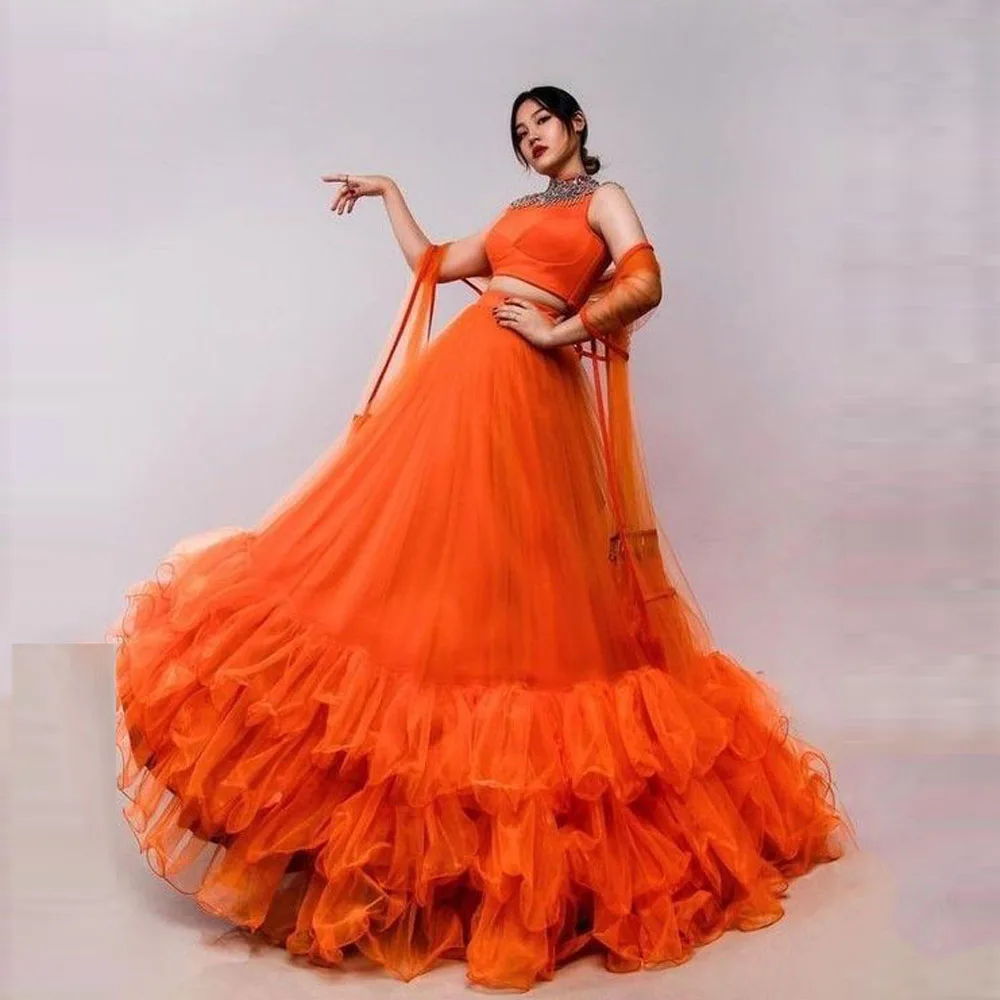 

Formal Orange Voluminous Maxi Tulle Skirt Layered Tulle A-line Long Women Skirts To Party Puffy And Long Tutu Bridal Skirts