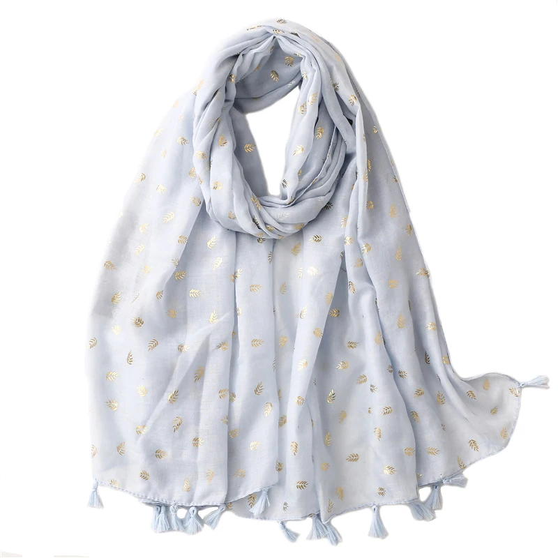 

2022 Spring Leaf Print Gold Foil Tassel Scarf Shawls Long Beautiful Leaves Pattern Hijab Wrap 7 Color Free Shipping