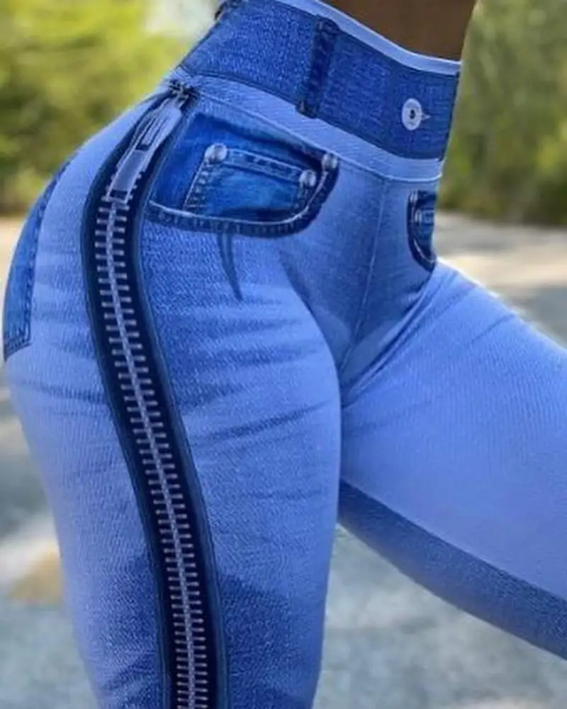 

High Waist Skinny Active Pants for Women Denim Look Print Tummy Control Butt Lift Sporty Leggings Casual New Fashion 2023