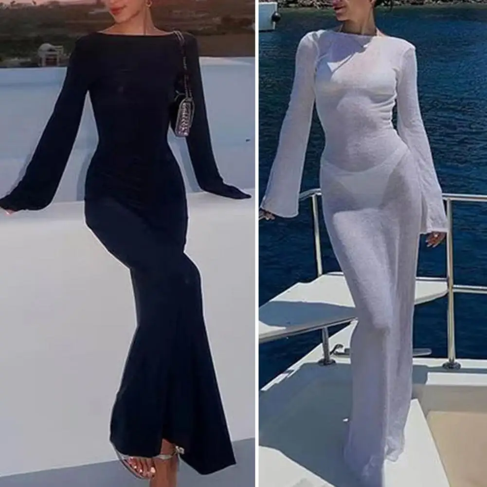 

Fashion Women Wrapped Dress Long Sleeve Round Neck See Through Sunscreen Solid Color Backless Beach Long Dress Summer Cover Up