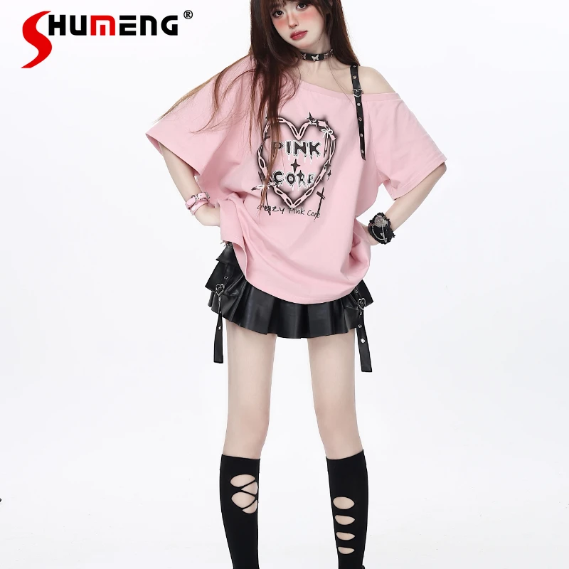 Subculture Punk Dark Leather Ring Tee Tops Ladies Spring and Summer New Cute Girl's Off-Shoulder Pink Mid-length Tshirts Gothic
Subculture Punk Dark Leather Ring Tee Tops Ladies Spring and Summer New Cute Girl's Off-Shoulder Pink Mid-length Tshirts Gothic