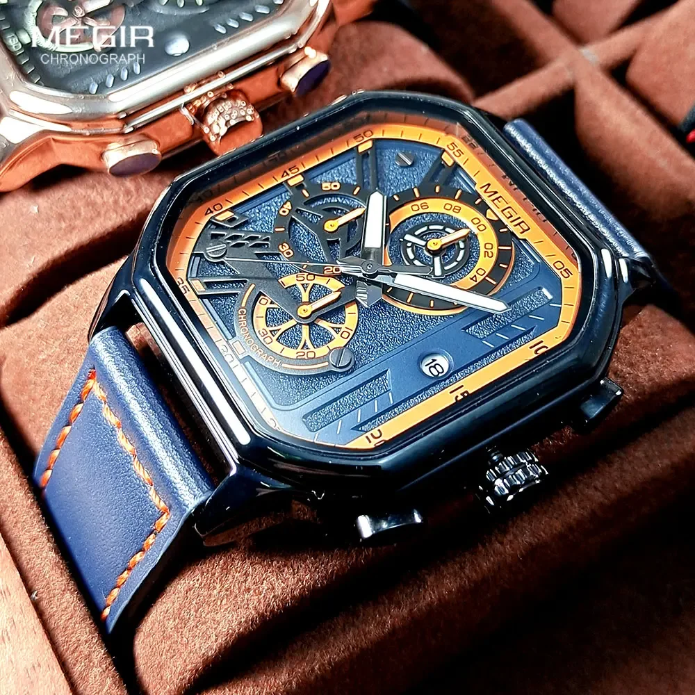 

Часы наручные MEGIR Мужские кварцевые с хронографом, Модные Аналоговые в стиле милитари, с квадратным циферблатом, с синим и оранжевым ремешком, с датой, 8106