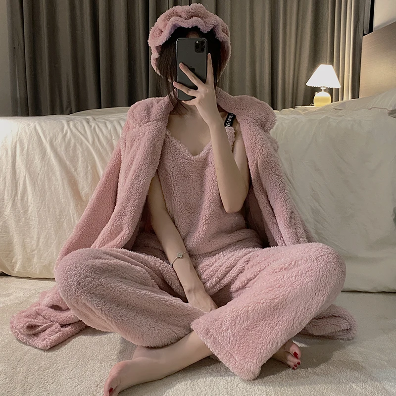 3 Piece Set Autumn Winter Thicken Warm Pajamas Set Flannel Women SleepSet Deep Robe Plush Sexy Homewear Women Pajama Trousers
3 Piece Set Autumn Winter Thicken Warm Pajamas Set Flannel Women SleepSet Deep Robe Plush Sexy Homewear Women Pajama Trousers