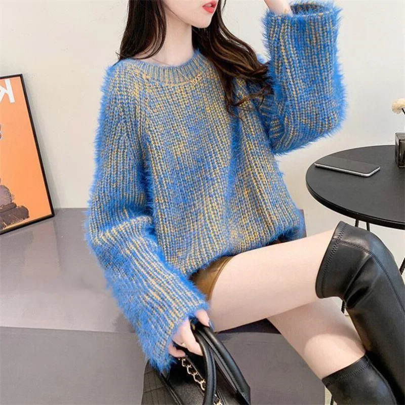 

Mink Plush Sweater for Women Loose Short Lazy Style Long Sleeved Knitted top Wearing Fashion Bottom Sweater Thickened Blue Shirt